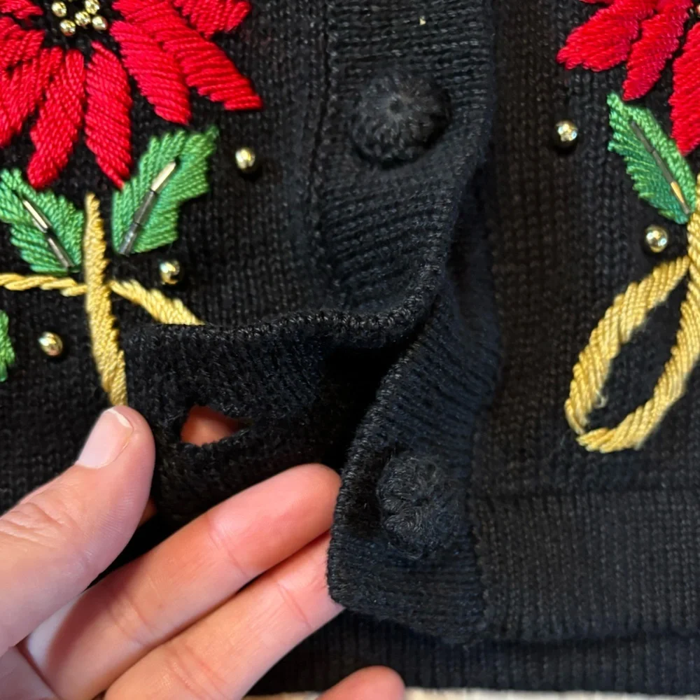 Vintage Black Christmas Cardigan Poinsettia Embroidered Beaded L-XL Cozy Cottage